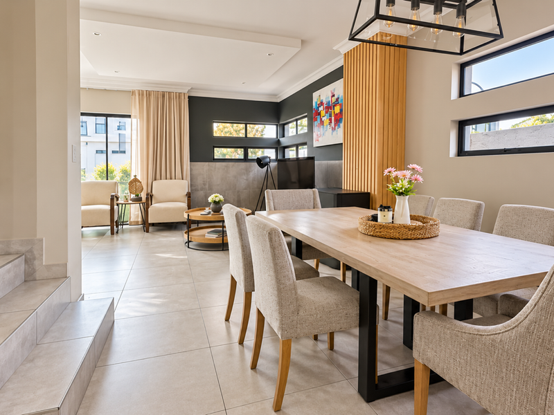 A bright and modern open-plan living and dining area featuring large format floor tiles, contemporary feature wall paneling, and a staircase with a sleek metal railing.