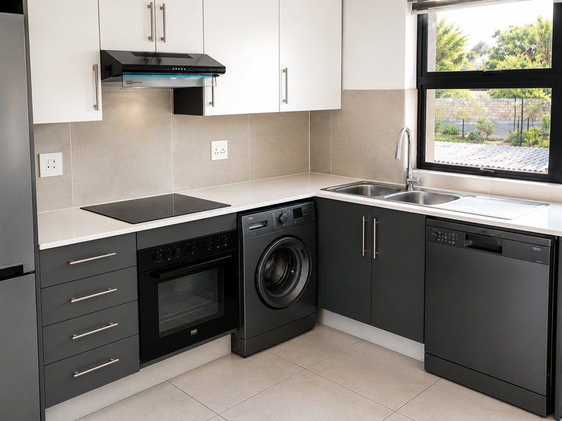 Modern kitchen featuring sleek dark grey lower cabinetry, white upper cabinets, stone countertops, integrated appliances, and a large window providing natural light.