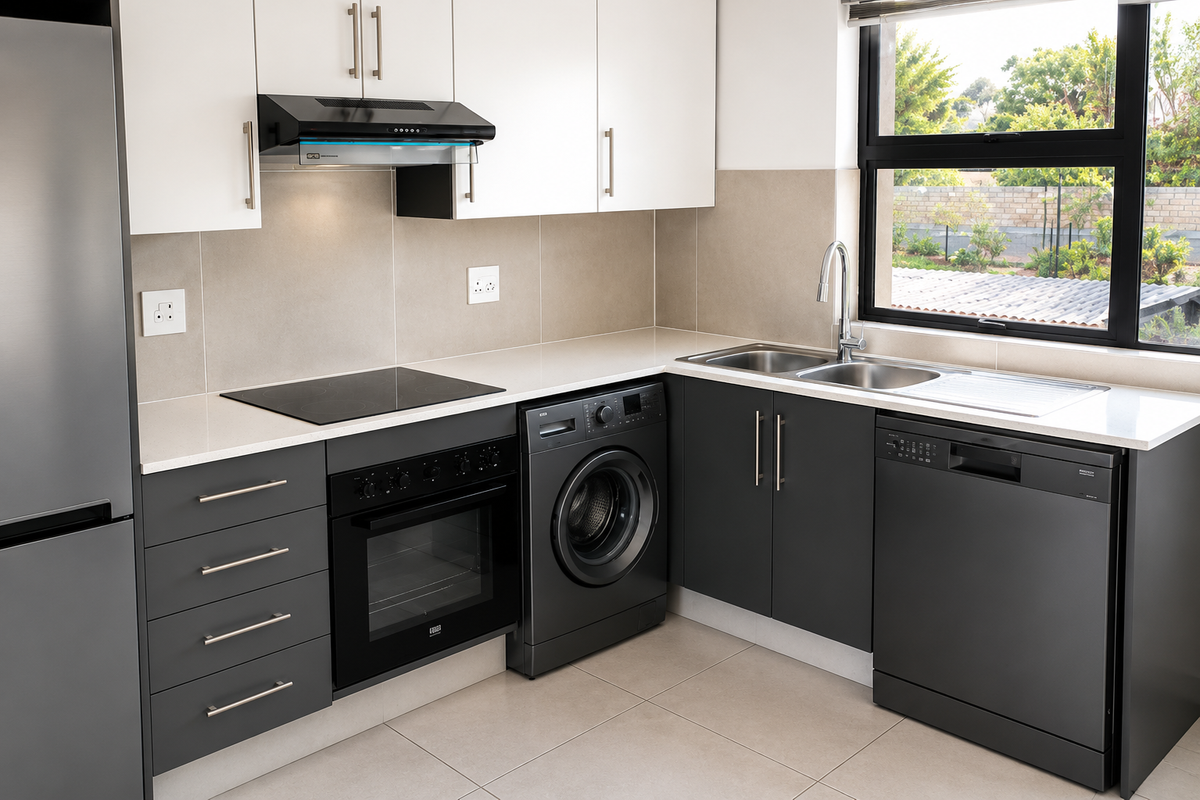 Modern kitchen featuring sleek dark grey lower cabinetry, white upper cabinets, stone countertops, integrated appliances, and a large window providing natural light.