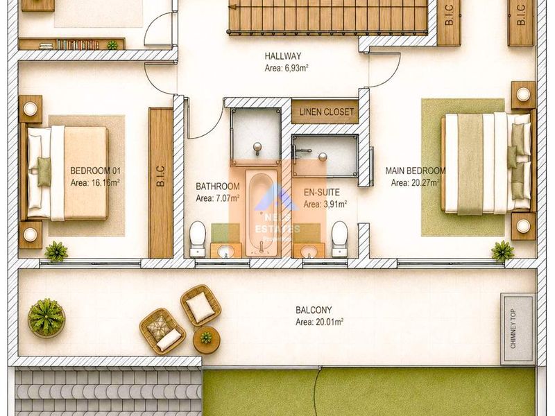 A detailed architectural floor plan showing the layout of two bedrooms, an office, two bathrooms, and a spacious balcony.