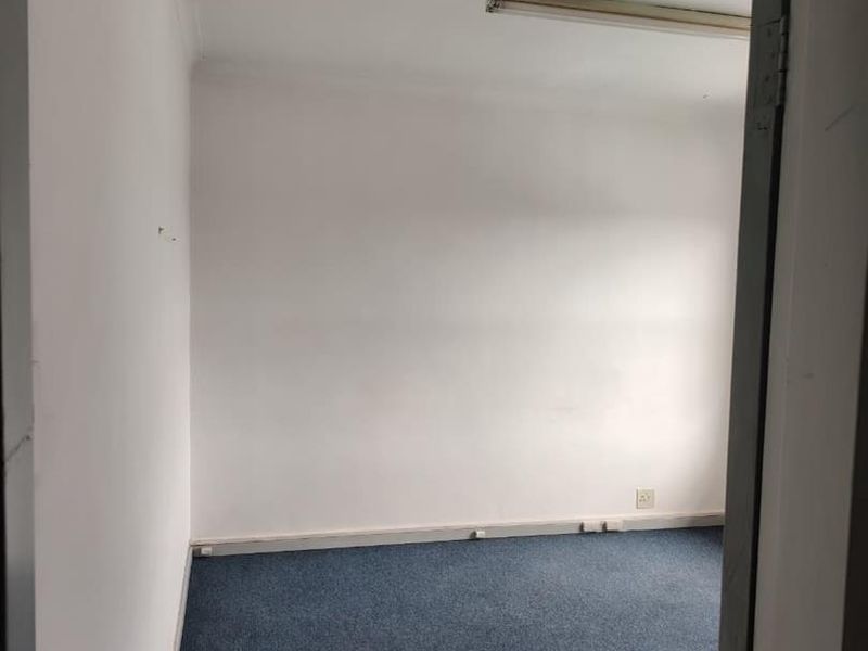 An empty, functional office space featuring blue carpeting, white walls, and a standard fluorescent ceiling light fixture.