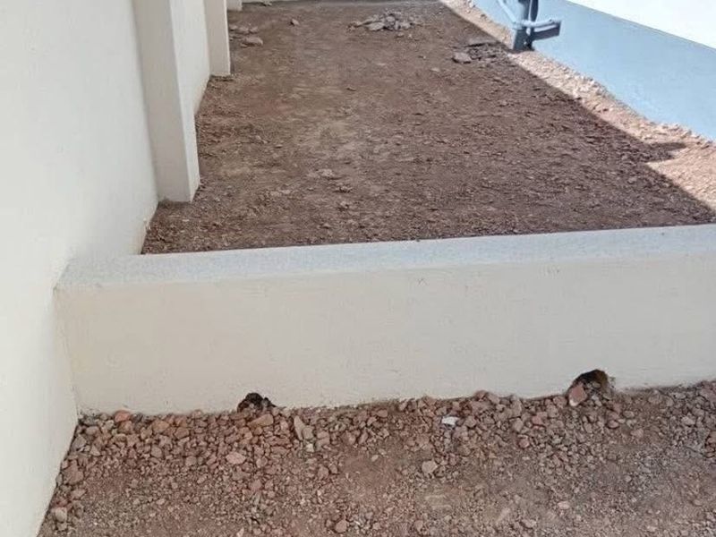 Unfinished rear exterior area featuring a retaining wall and exposed ground, offering potential for landscaping and garden development.