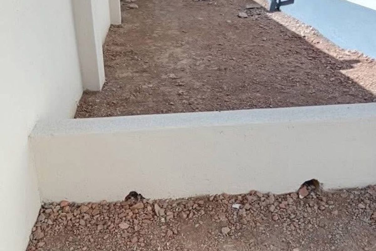 Unfinished rear exterior area featuring a retaining wall and exposed ground, offering potential for landscaping and garden development.