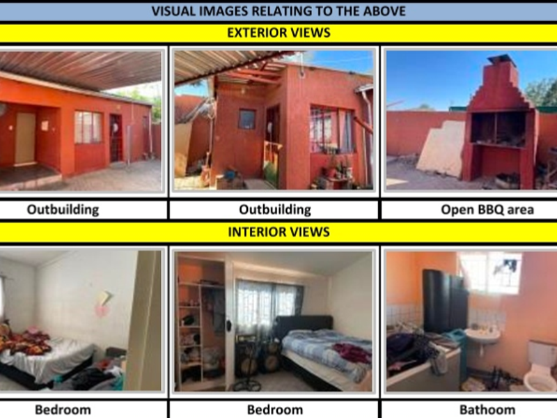 A collage of exterior and interior property images showing various rooms, outbuildings, and a BBQ area.