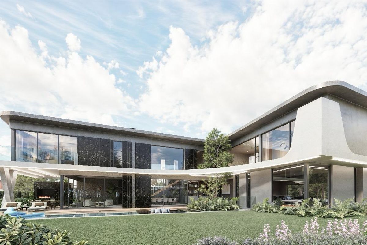 A modern luxury residence featuring a large swimming pool, expansive glass walls, and a sleek cantilevered roof design overlooking a landscaped garden.