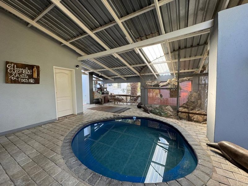 Covered outdoor entertainment area featuring a built-in circular swimming pool and an integrated aviary structure under a corrugated metal roof.