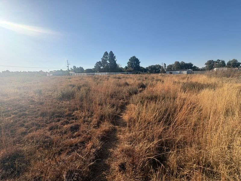 A wide-angle view of a vacant residential plot featuring dry grass and surrounding perimeter fencing.