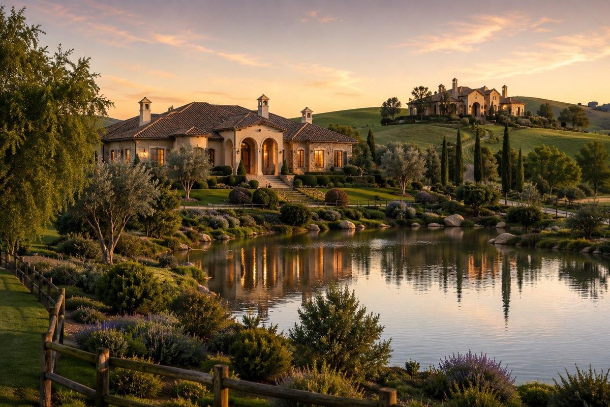 A stunning estate featuring a Mediterranean-style residence with stone finishes, overlooking a private lake and meticulously landscaped grounds at sunset.