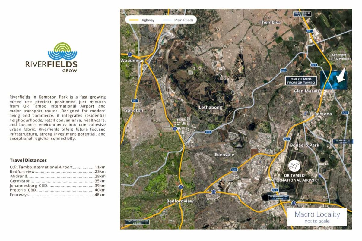 A macro locality map showing the Riverfields mixed-use precinct in Kempton Park, highlighting its strategic proximity to OR Tambo International Airport and major transport routes.