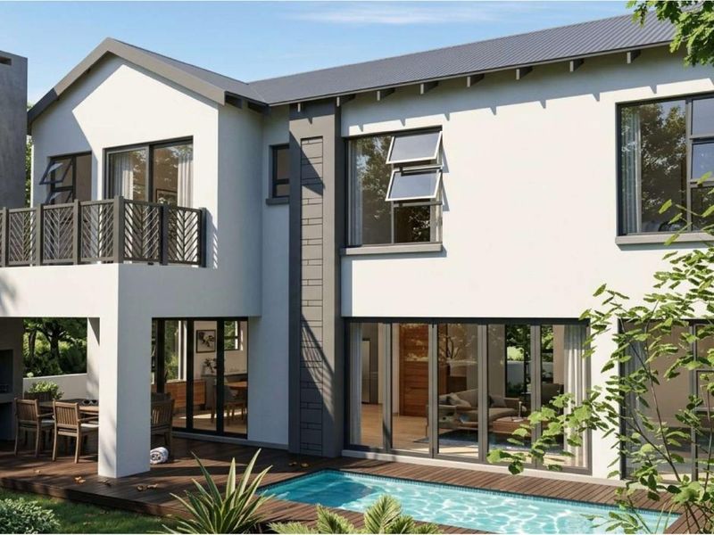 Rear elevation of a modern double-story home featuring a wooden deck, swimming pool, built-in braai area, and a private balcony.