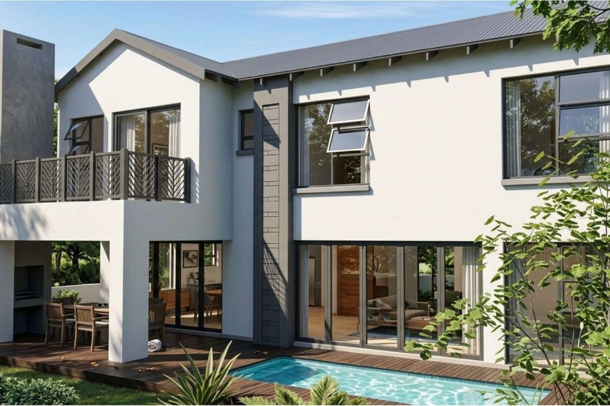 Rear elevation of a modern double-story home featuring a wooden deck, swimming pool, built-in braai area, and a private balcony.