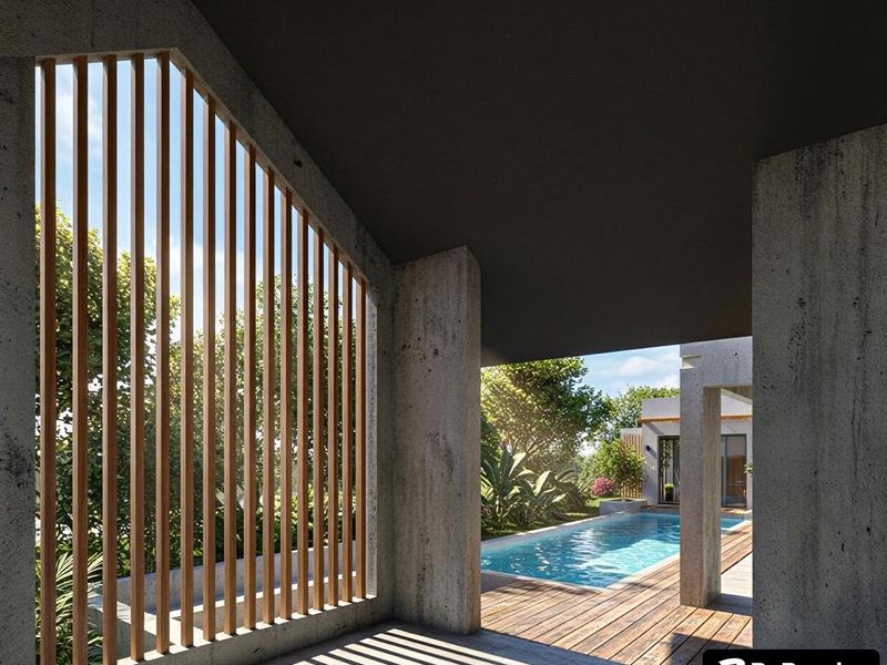 A modern covered patio area featuring concrete pillars and timber slat screening, overlooking a private swimming pool and landscaped garden.