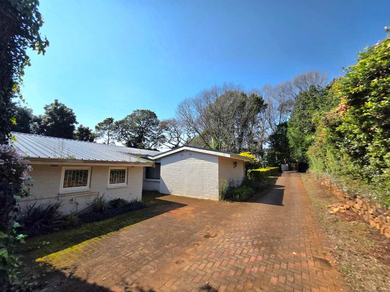 Exterior view of the property featuring a brick driveway, painted brick facade, and metal roofing, surrounded by established trees and garden greenery.