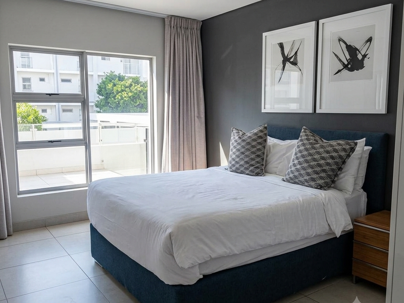 A well-maintained bedroom featuring neutral tiled flooring, a dark accent wall, and a sliding glass door providing access to an outdoor balcony.