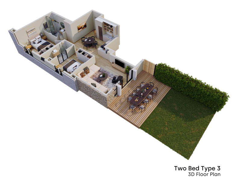 A 3D floor plan rendering of a two-bedroom apartment featuring an open-plan living area, kitchen, two bathrooms, and an outdoor deck with a garden.