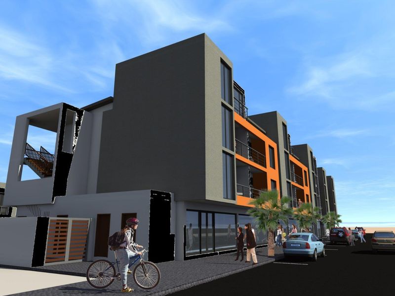 A 3D architectural rendering of a modern multi-story apartment building featuring balconies and a street-level facade.