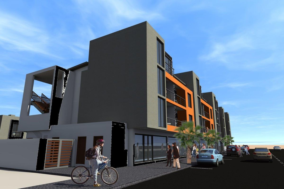 A 3D architectural rendering of a modern multi-story apartment building featuring balconies and a street-level facade.