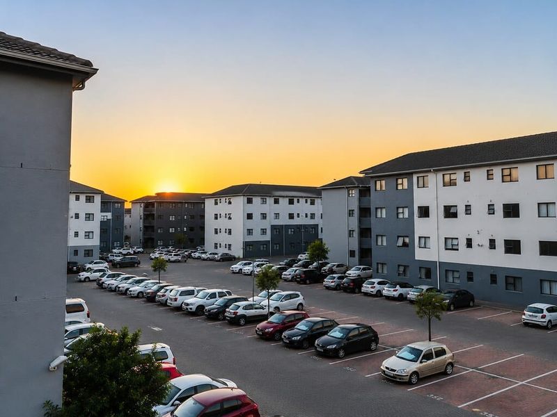 An elevated view of a residential apartment complex parking area at sunset, featuring multiple multi-story buildings and paved parking bays.