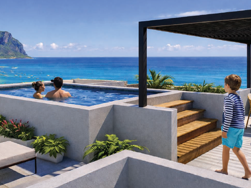 Luxury penthouse terrace featuring an infinity pool, timber decking, and a pergola with panoramic ocean and mountain views.