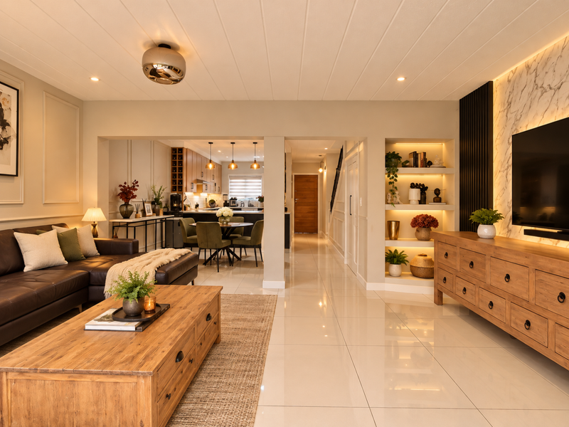 A beautifully presented open-plan living and kitchen area featuring modern tiled floors, elegant wainscoting, built-in shelving, and sophisticated recessed lighting throughout.