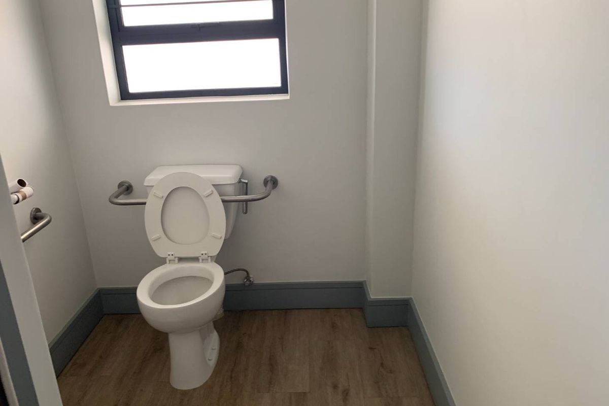A clean, accessible restroom featuring a modern toilet, grab rails, wood-look flooring, and a window for natural light.