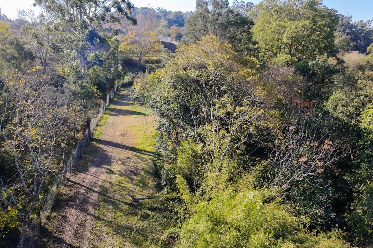 An elevated aerial view of a vacant residential plot featuring established trees, natural vegetation, and a perimeter fence line.