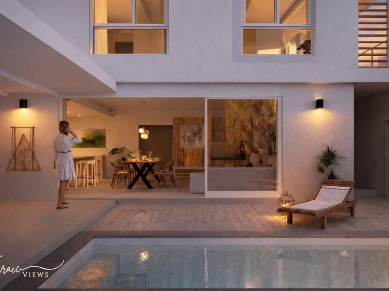 A modern townhouse exterior featuring a swimming pool, paved patio area, and seamless indoor-outdoor flow through large sliding glass doors.