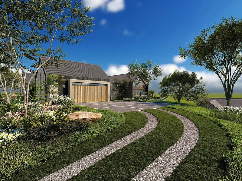 A high-quality architectural rendering of a modern residential property featuring a landscaped driveway, lush garden, and contemporary building design.