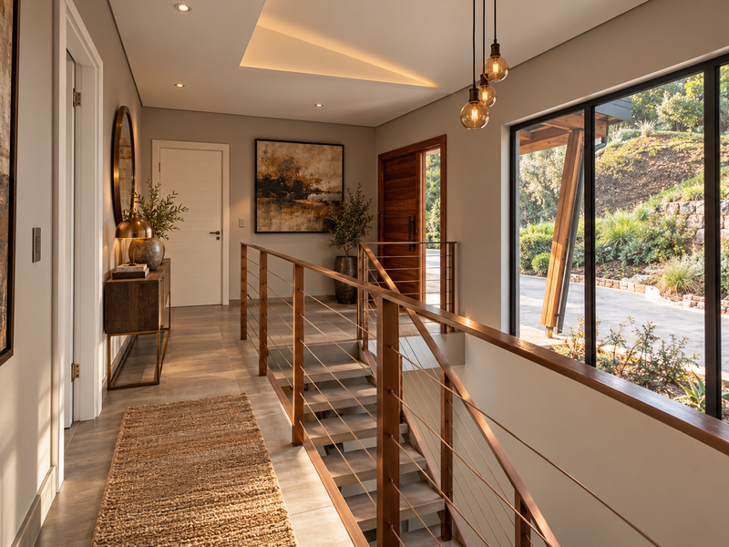 Modern, well-lit hallway featuring a staircase with cable railing, large windows overlooking the garden, and high-quality tiled flooring.