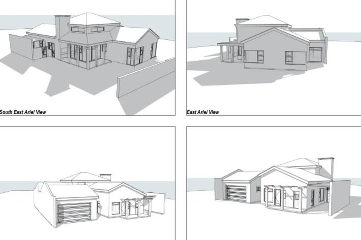 A collection of architectural 3D renderings showing various exterior elevations and perspectives of the proposed house design.