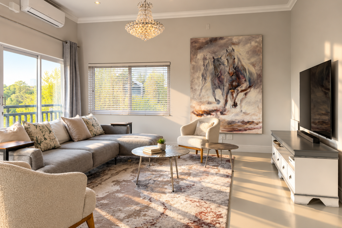 A bright and well-maintained living room featuring a split-system air conditioner, elegant crystal chandelier, and large sliding glass doors leading to an outdoor area.