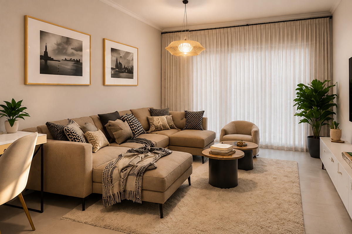 A well-appointed living room featuring neutral tones, tiled flooring, sheer curtains, and integrated lighting, creating a comfortable and modern atmosphere.