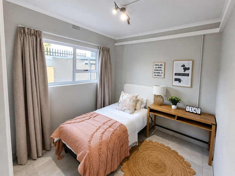 A well-maintained bedroom featuring neutral wall tones, tiled flooring, and a functional sliding window with curtain tracks.