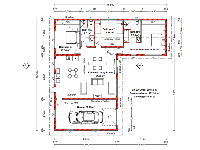 Architectural floor plan showing a residential layout with three bedrooms, two bathrooms, an open-plan kitchen and living area, and an attached garage.