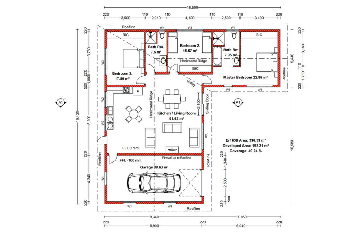 Architectural floor plan showing a residential layout with three bedrooms, two bathrooms, an open-plan kitchen and living area, and an attached garage.