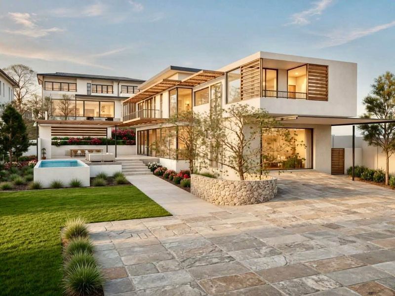 Modern luxury residence featuring a spacious stone-paved patio, swimming pool, landscaped garden, and expansive glass facades with integrated timber architectural elements.