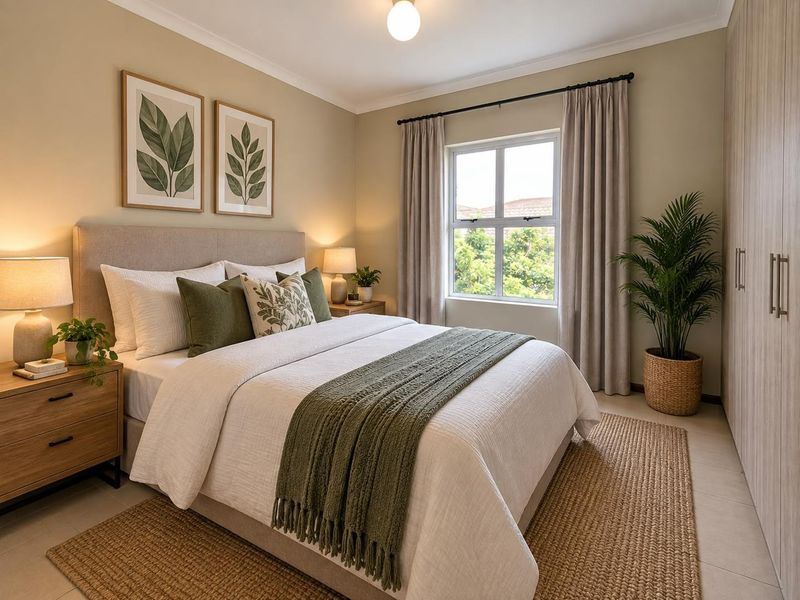 A well-maintained bedroom featuring neutral wall tones, tiled flooring, and a spacious built-in wardrobe with modern finishes.