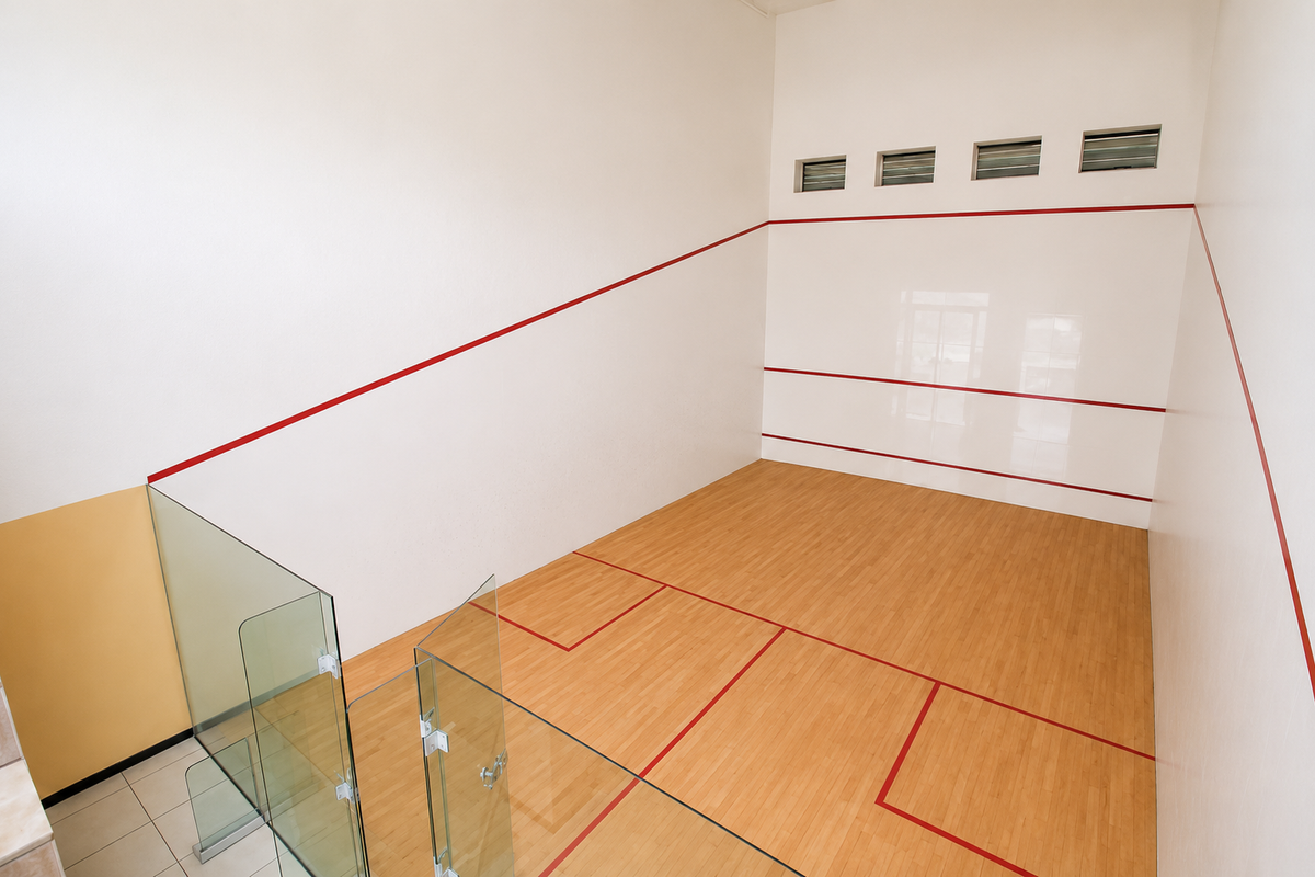 A well-maintained indoor squash court featuring timber flooring, glass balustrade, and high-level ventilation windows.