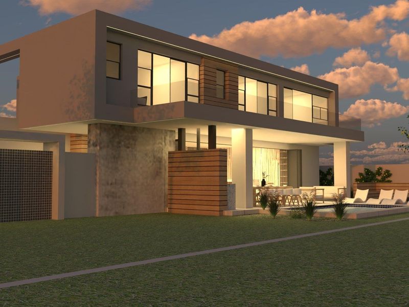 A modern architectural rear elevation featuring a swimming pool, covered patio, timber accents, and expansive glass windows at dusk.