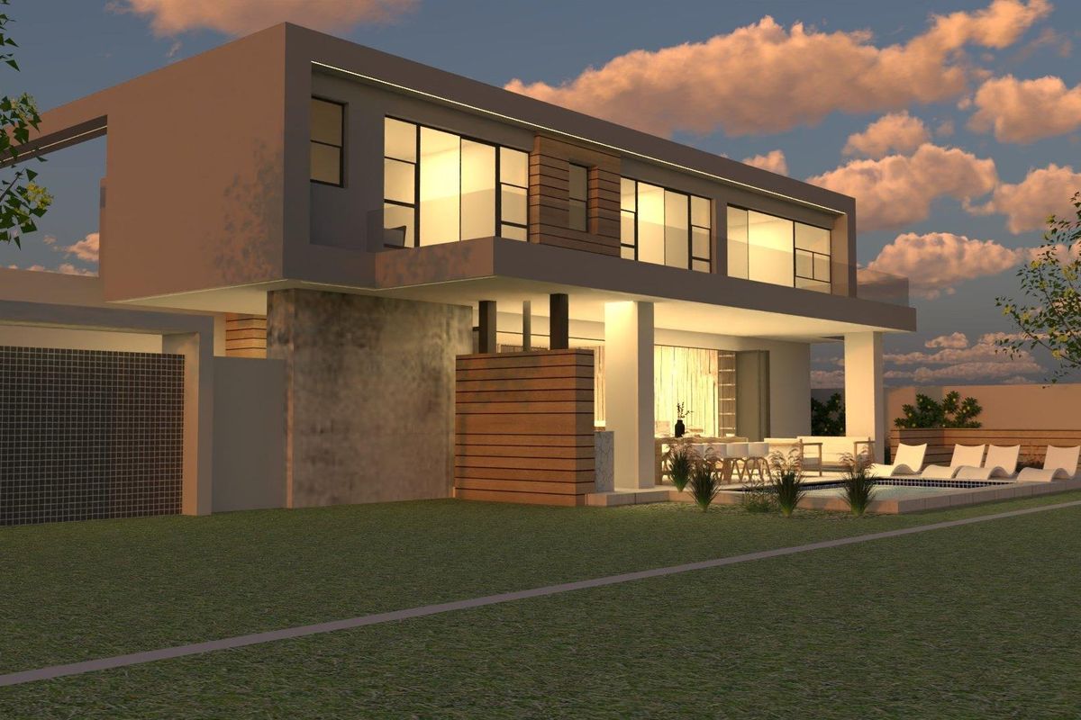 A modern architectural rear elevation featuring a swimming pool, covered patio, timber accents, and expansive glass windows at dusk.
