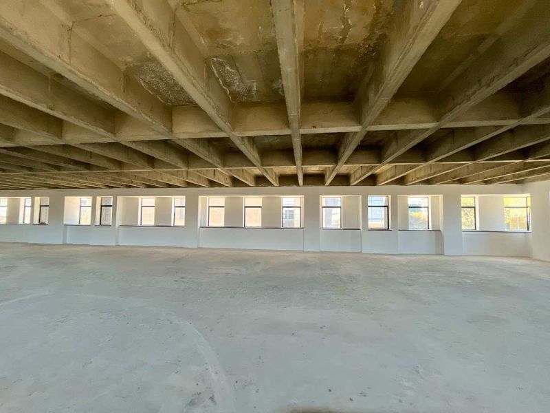 A large, open-plan office space featuring an exposed concrete waffle slab ceiling and a long row of windows providing ample natural light.