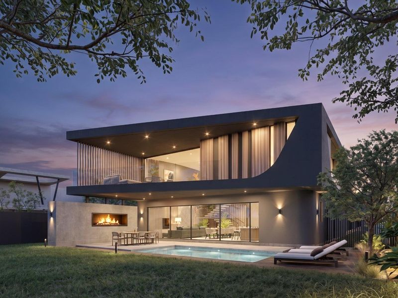 Modern two-story residence featuring a rear patio with a built-in fireplace, swimming pool, and expansive sliding glass doors opening to the living area.