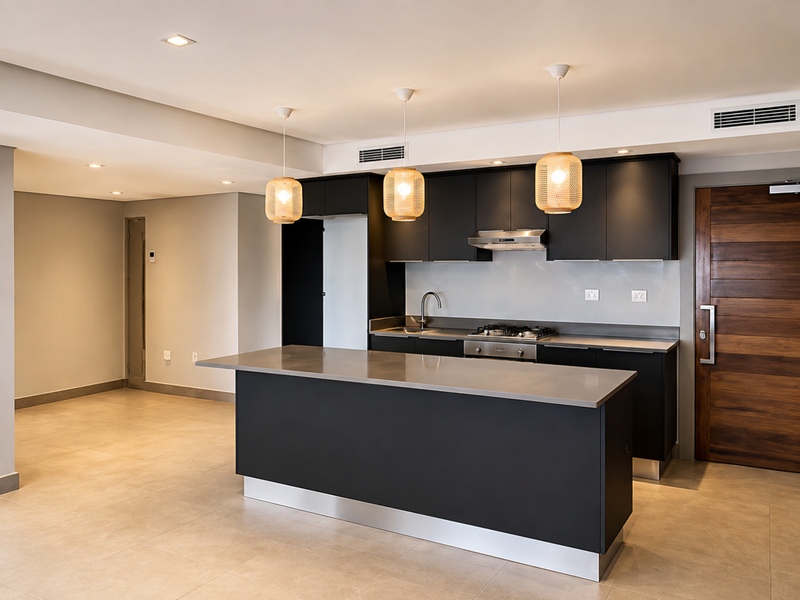 Modern open-plan kitchen featuring sleek dark cabinetry, a central island, integrated appliances, and high-quality finishes in a spacious, well-lit living area.