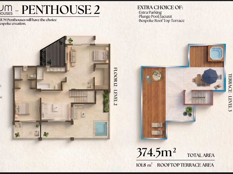 Architectural floor plan for a penthouse unit featuring two levels and a private rooftop terrace with a total area of 374.5 square meters.
