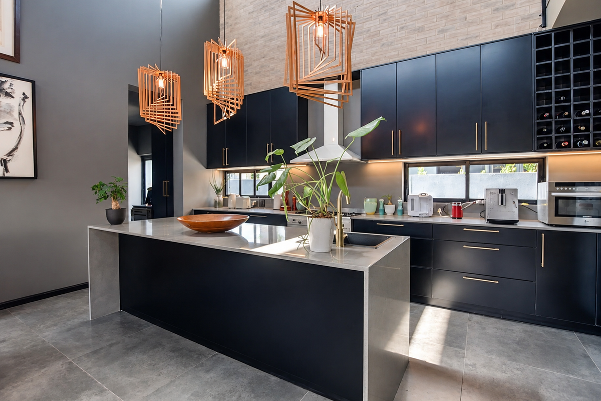 Modern kitchen featuring sleek black cabinetry, a large central island with stone countertops, integrated appliances, and high-end pendant lighting.