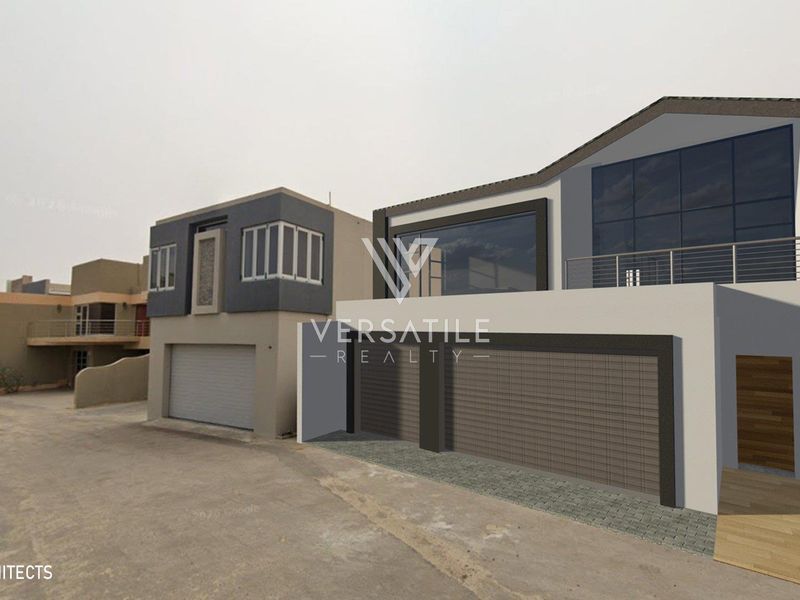 A modern architectural rendering of a contemporary house featuring a double garage, balcony, and large glass windows.
