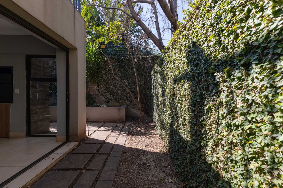 A private rear courtyard featuring a paved walkway, sliding door access to the interior, and a high boundary wall covered in established ivy.