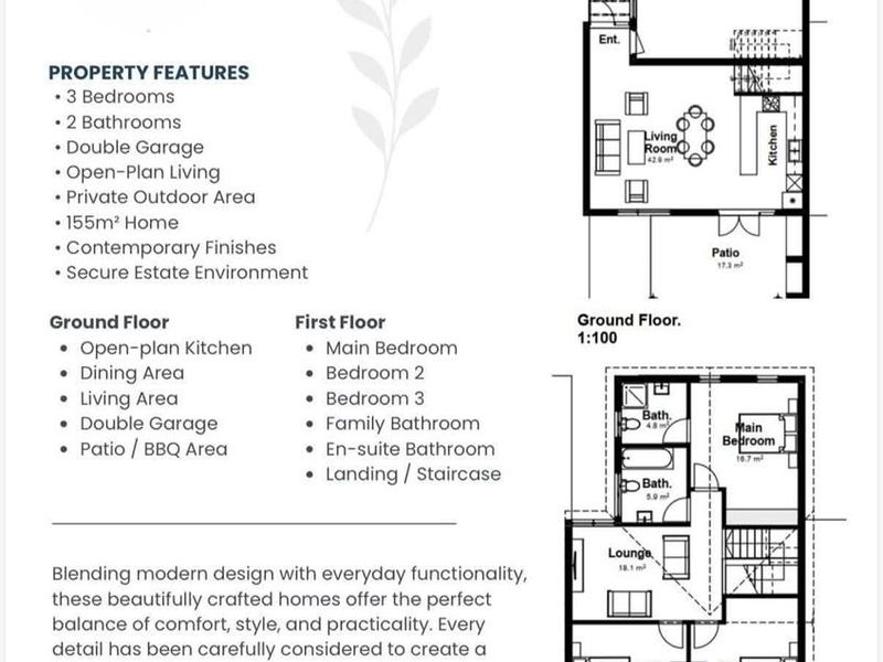 Architectural floor plan for a three-bedroom townhouse unit featuring open-plan living, double garage, and private patio area.