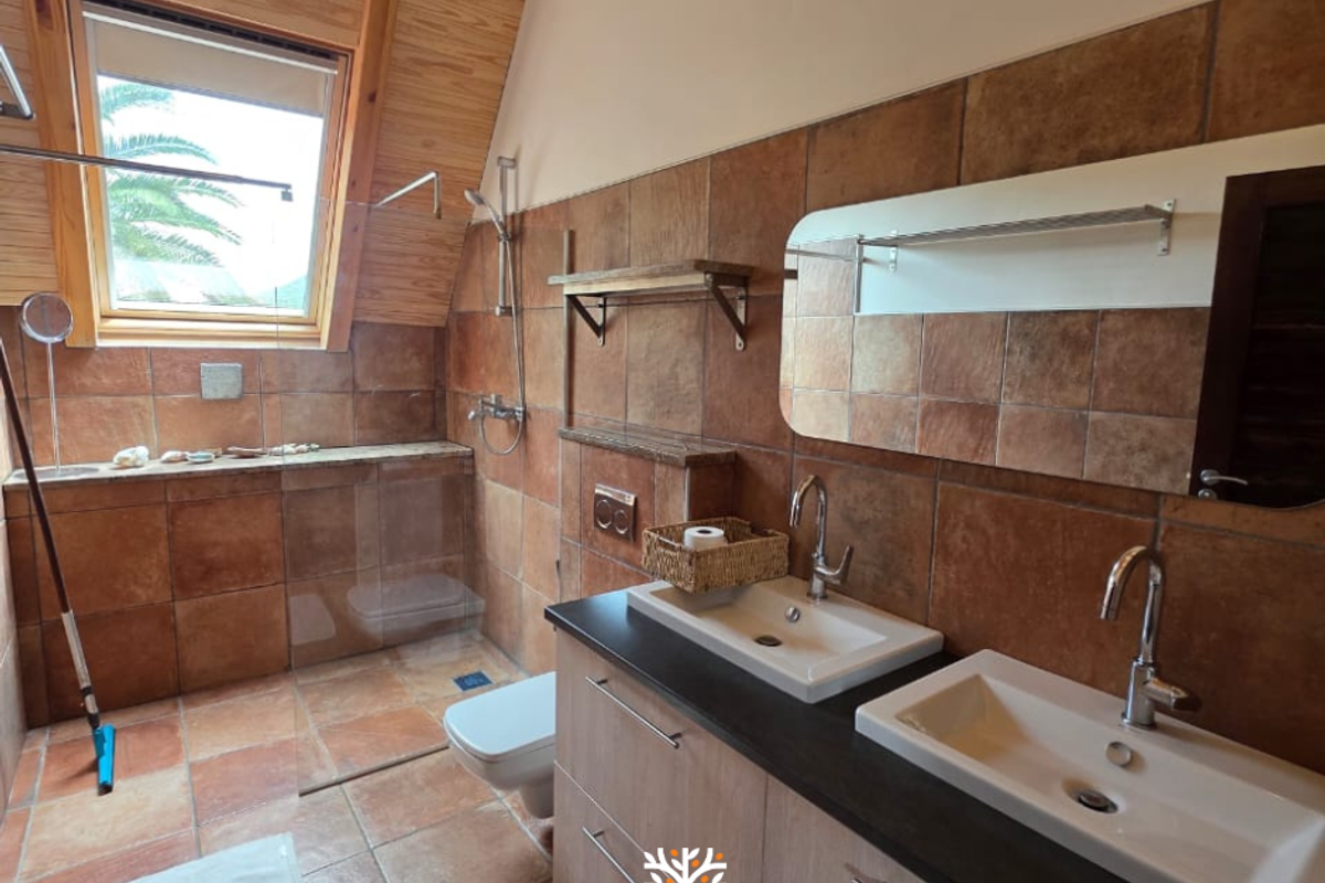 A rustic-style bathroom featuring a double vanity with integrated sinks, a walk-in glass shower, and a sloped timber-clad ceiling with a skylight.
