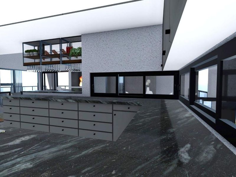 A modern, high-end kitchen featuring a large stone island, sleek cabinetry, and expansive sliding glass doors with views, presented as a 3D architectural render.